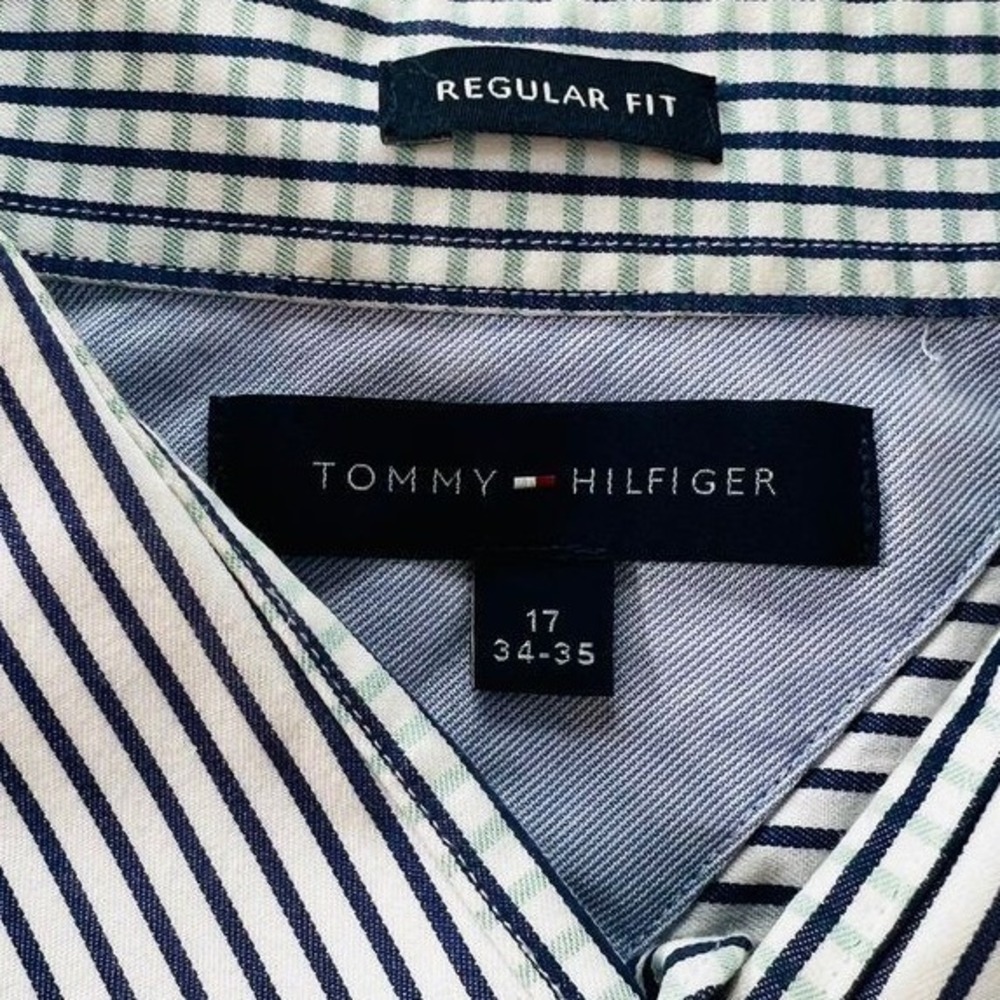 Tommy Hilfiger Mens 17 34/35 Blue Green Stripe Cotton Dress Shirt Regular Fit